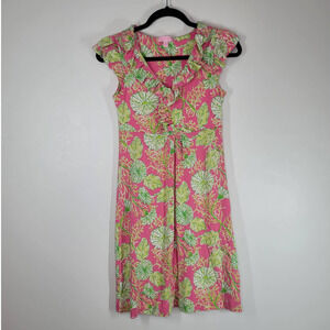 Lilly Pulitzer Women's Clare Floral Print Silk Blend Ruffle Dress Pink Green XS